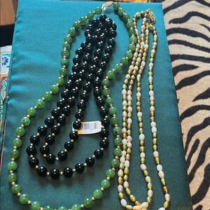 Black onyx , Jade , Pearl  bead necklaces Elegant Green and black bead